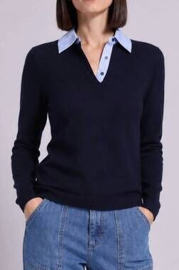 NEW MINNIE ROSE woven pinstripe collar combo sweater in navy
